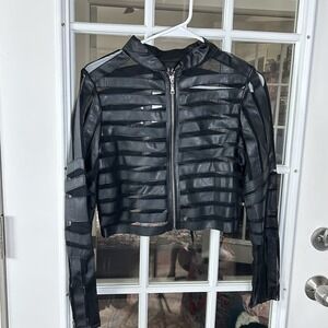 Dots Black Faux Leather Mesh Stripe Sheer CropMoto Jacket Y2K Cyber Goth Size S